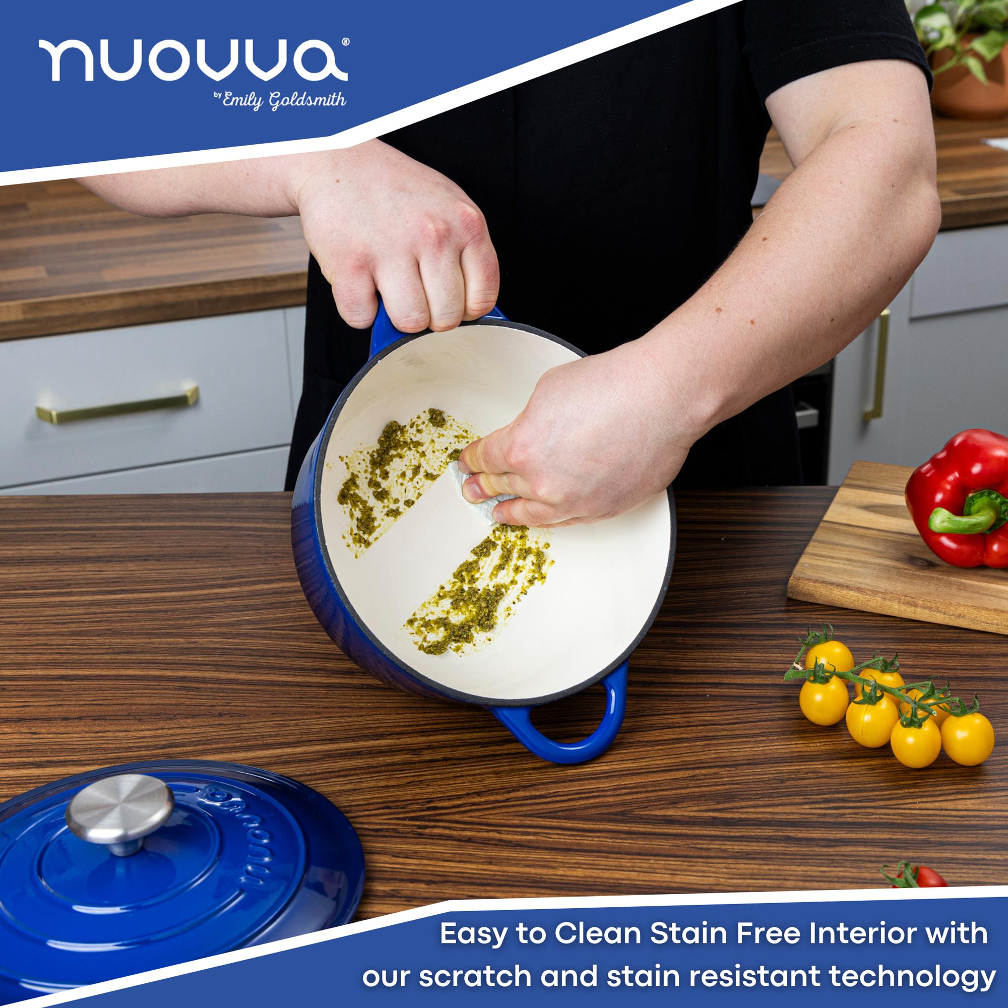 Nouvva dark blue easy to clean cast iron Dutch oven with scratch and stain resistant technology 