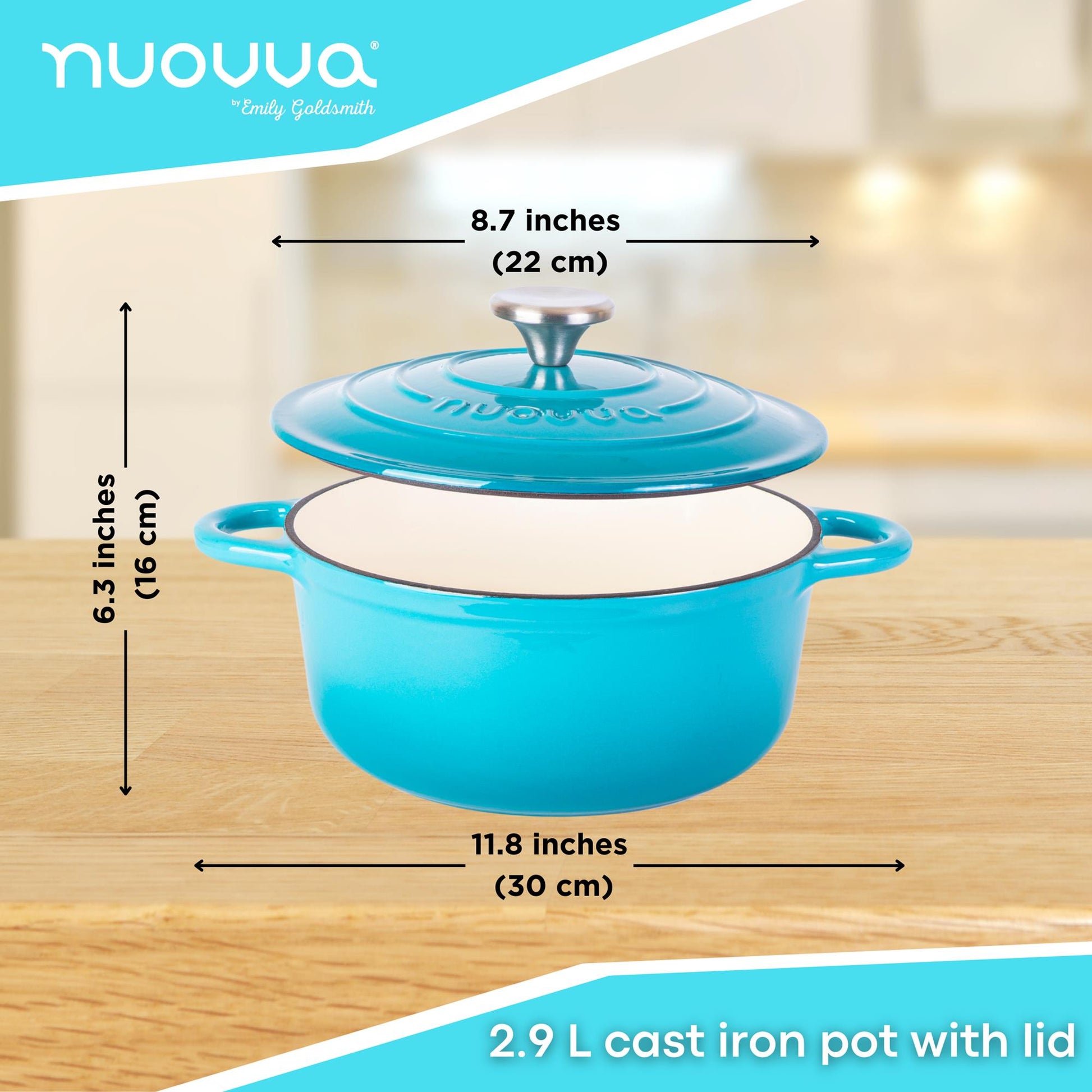 nuovva light blue 2.9L cast iron pot with lid 22cm across and 16cm in height