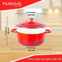 Nuovva red 2.9L cast iron pot with lid - 22cm across and 16cm in height. 