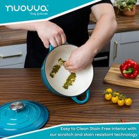 Nuovva teal easy to clean cast iron Dutch oven with scratch and stain resistant interior 
