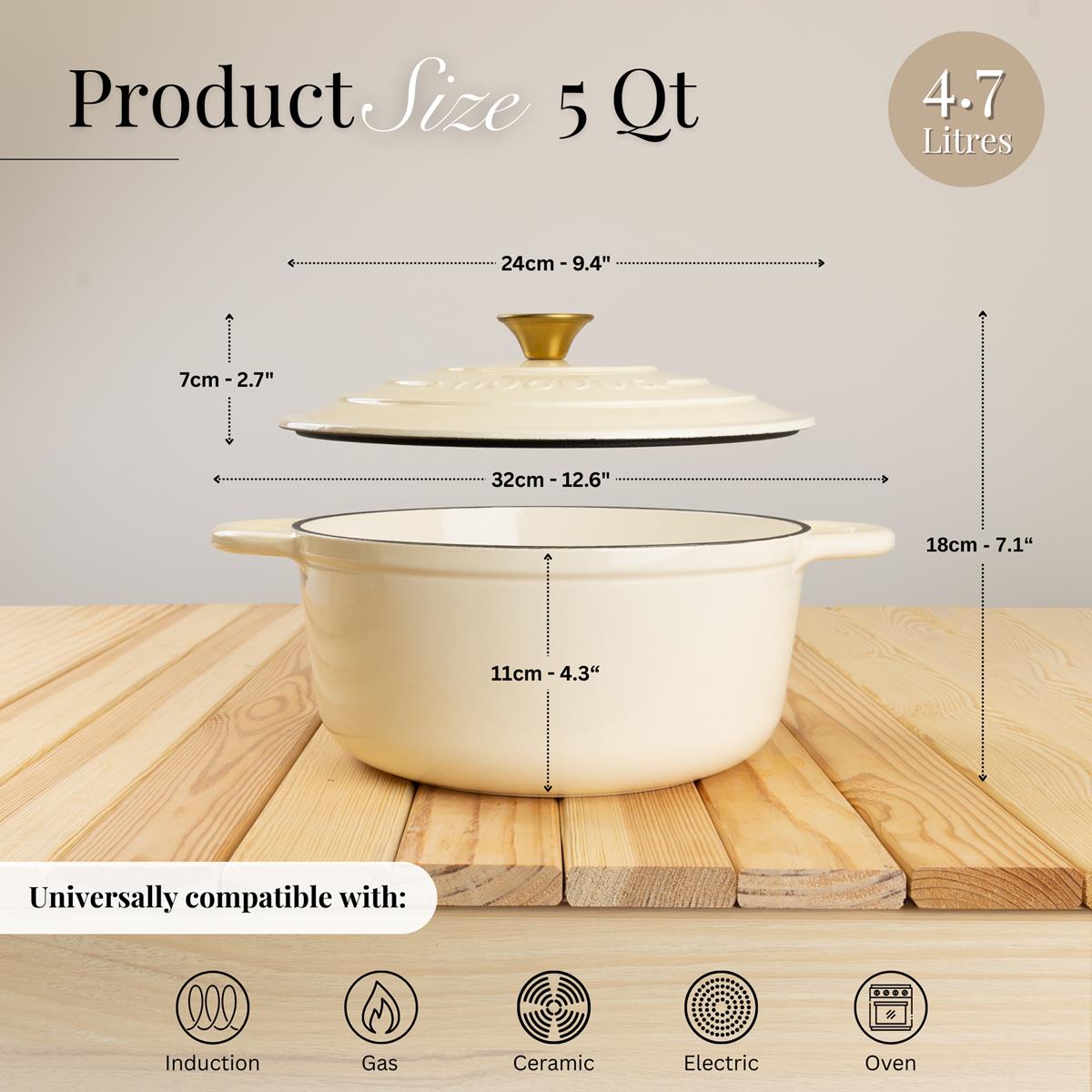 Nuovva cream cast iron Dutch oven is 5qt with 4.7L capacity, 24cmx18cm cooking pot is universally compatible for all stove types