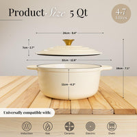 Nuovva cream cast iron Dutch oven is 5qt with 4.7L capacity, 24cmx18cm cooking pot is universally compatible for all stove types