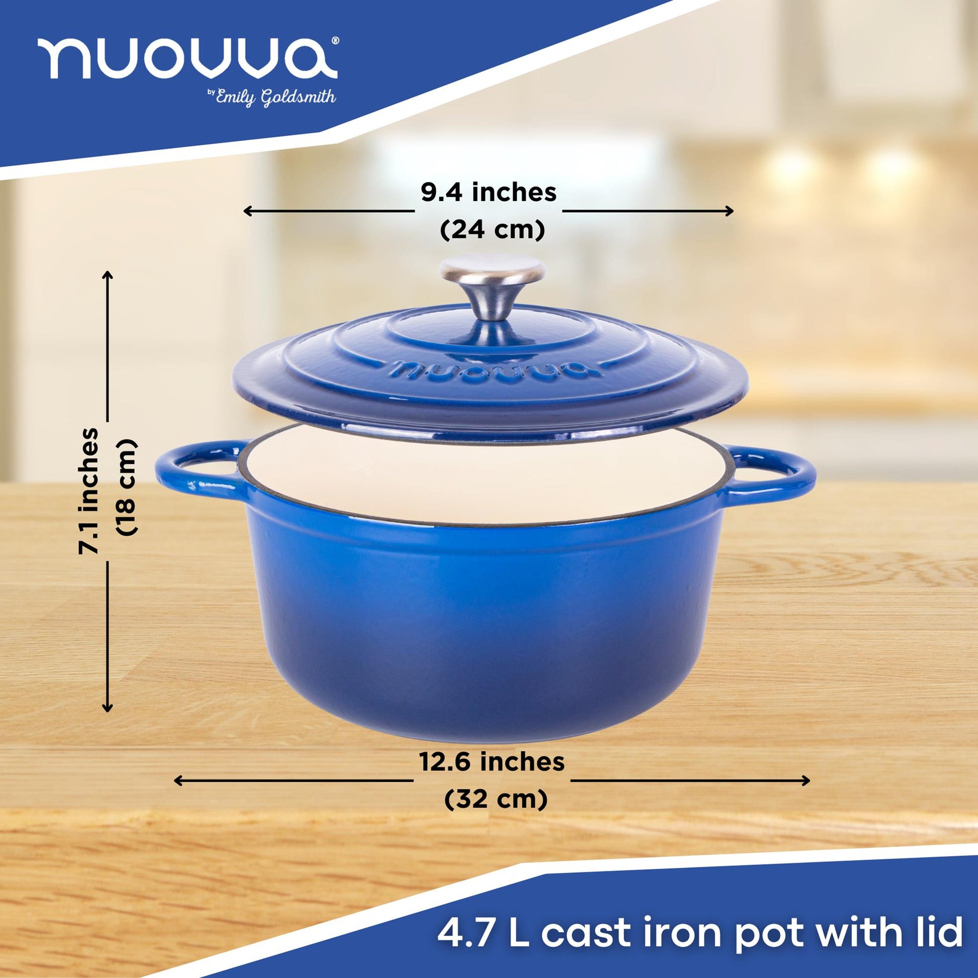 nuovva 4.7L cast iron cooking pot with lid 24cm in width and 18cm in height