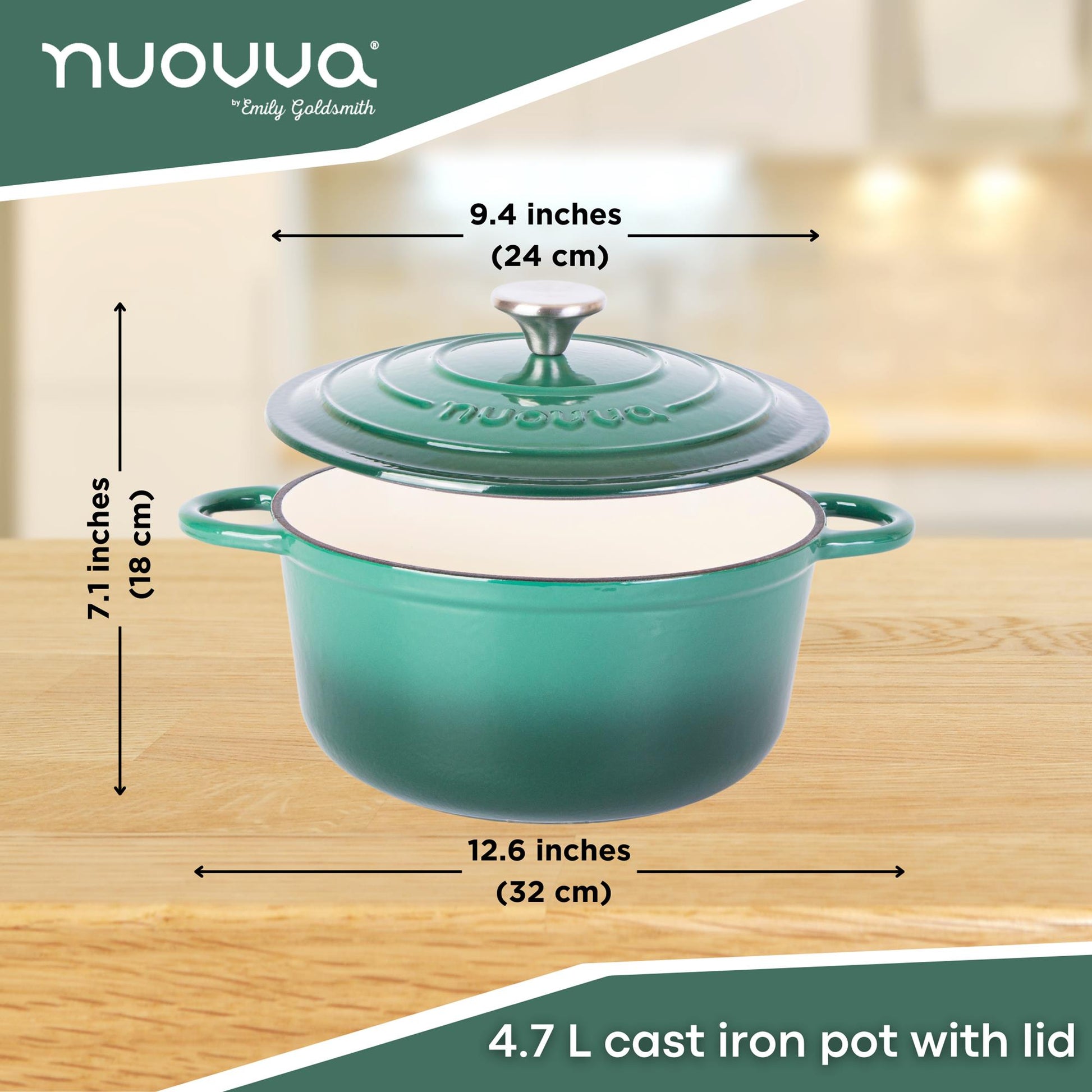 nuovva dark green 4.7 cast iron cooking pot with lid - 24cm in width and 18cm in height 