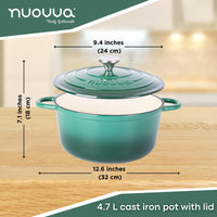 nuovva dark green 4.7 cast iron cooking pot with lid - 24cm in width and 18cm in height 