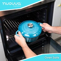 Light blue cast iron oven safe casserole pot with lid