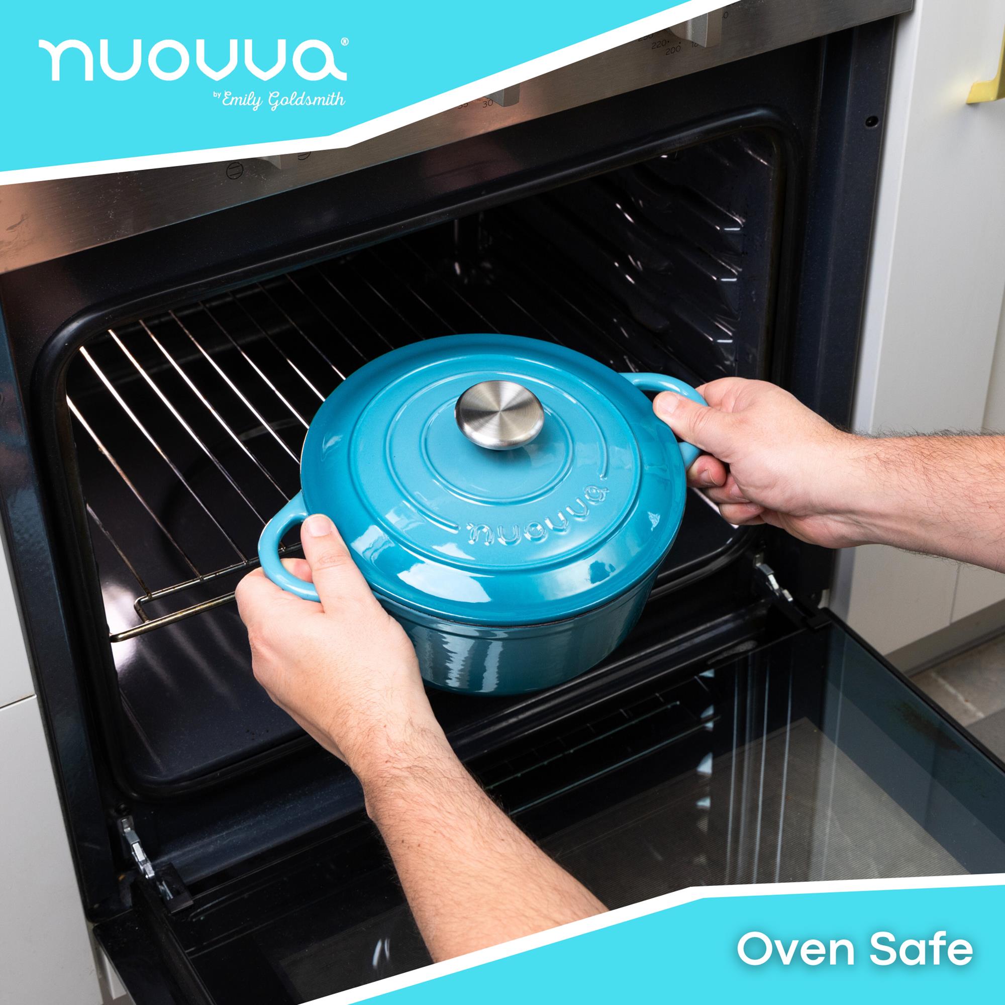 Light blue cast iron oven safe casserole pot with lid