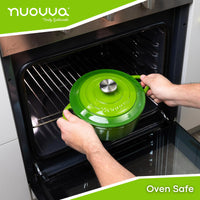nuovva oven-safe casserole pot with lid and silver knob. 