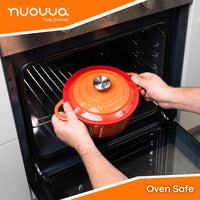 nuovva orange oven safe Dutch oven with lid and silver knob