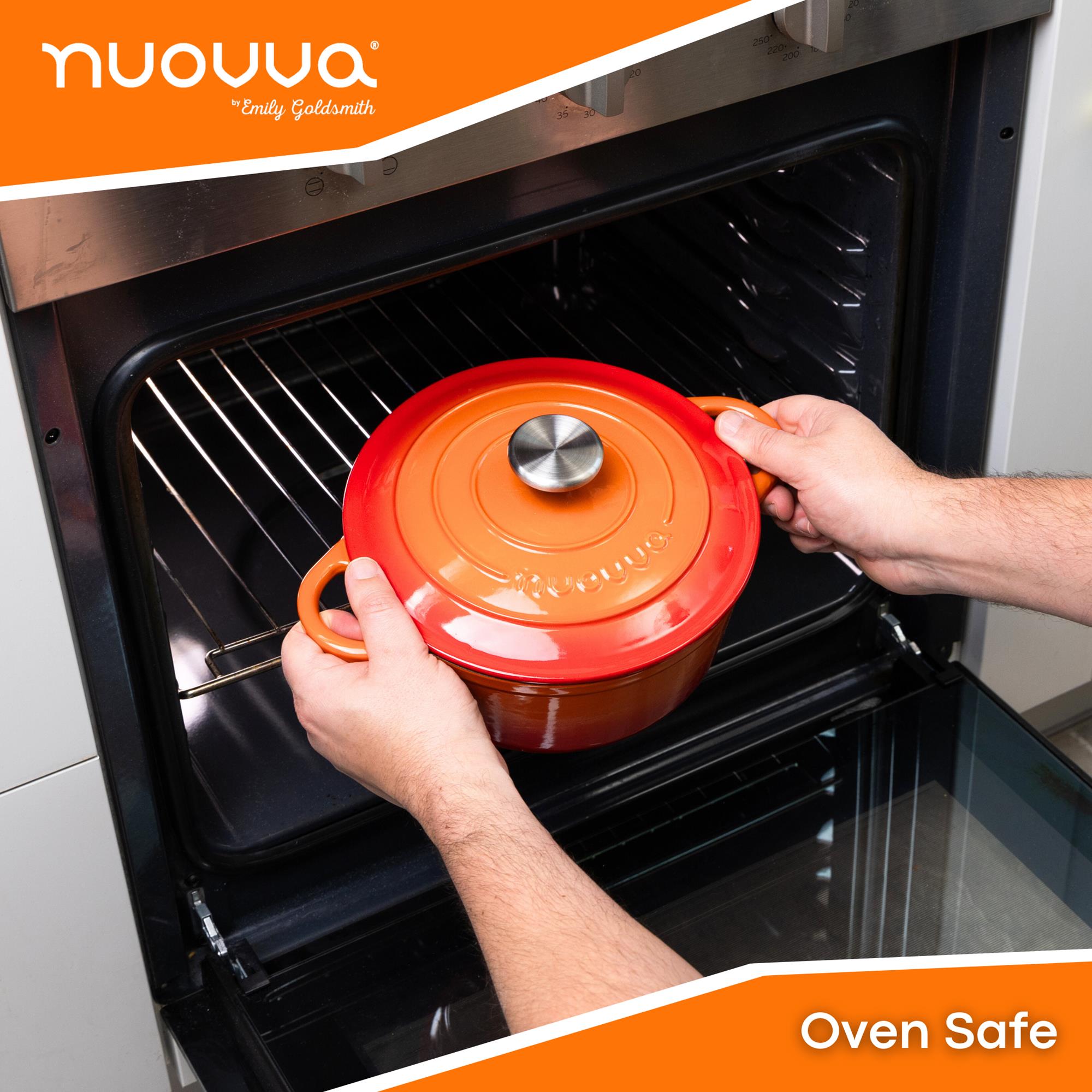 nuovva orange oven safe Dutch oven with lid and silver knob