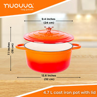 nuovva orange 4.7L cast iron cooking pot with lid 24cm across and 18cm in height. 