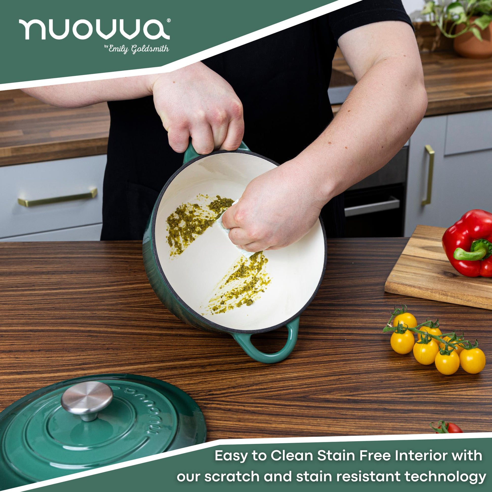 nuovva easy to clean Dutch oven with scratch and stain resistant technology. 