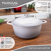 Nuovva oven safe cast iron pot with lid, induction compatible base and non-stick enamel coating. 