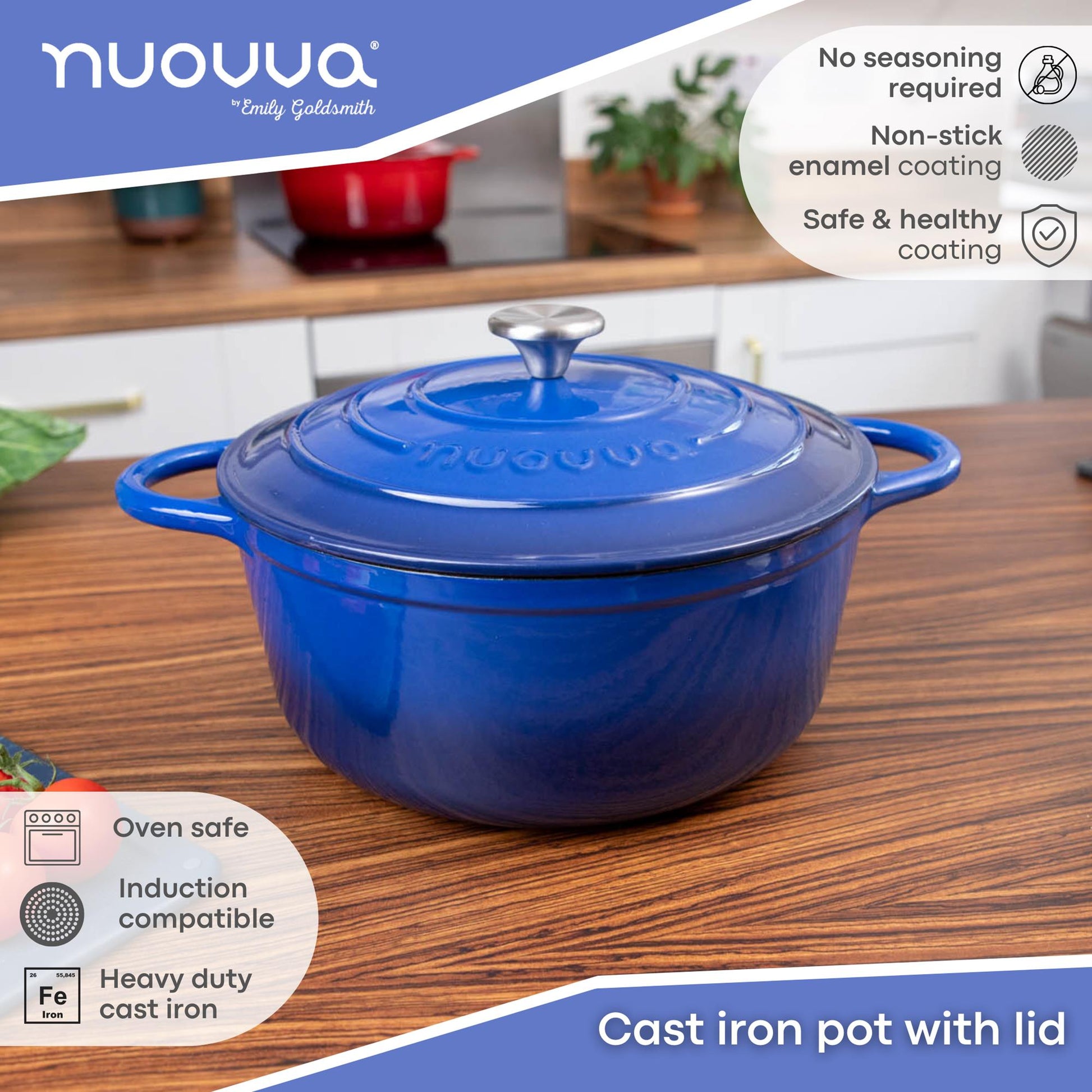 Nuovva dark blue oven safe cast iron pot with lid, induction compatible base and non-stick enamel coating. 