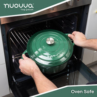 nuovva dark green oven-safe cast iron Dutch oven 