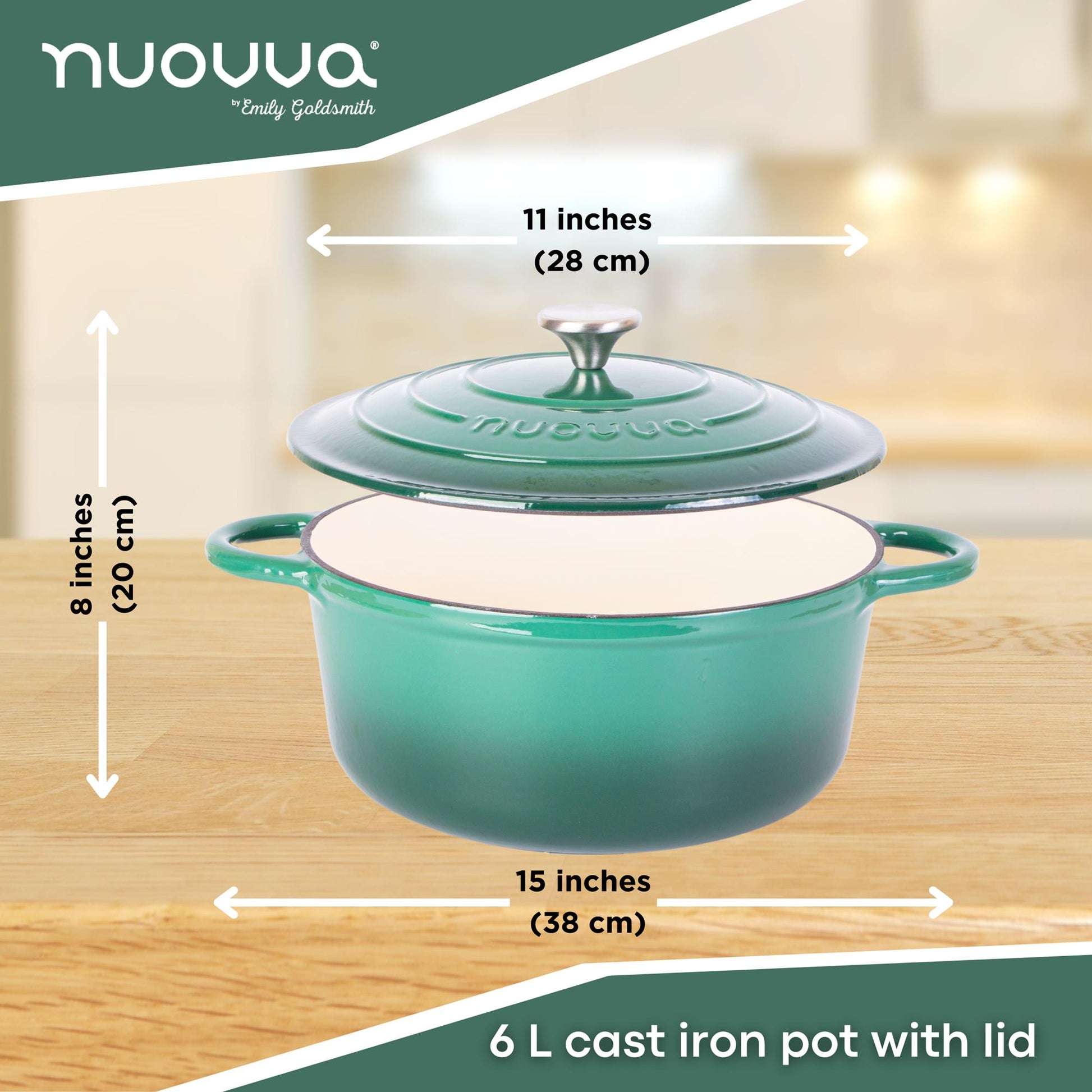 Nuovva 6L cast iron pot with lid 28cm across and 20cm in height 