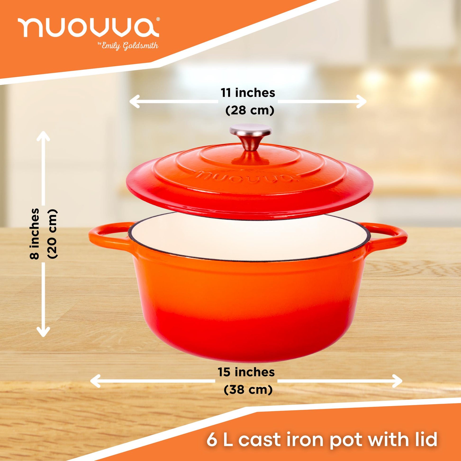 Orange cast iron pot with lid, 6L volume, 28cm across and 20cm in height. 