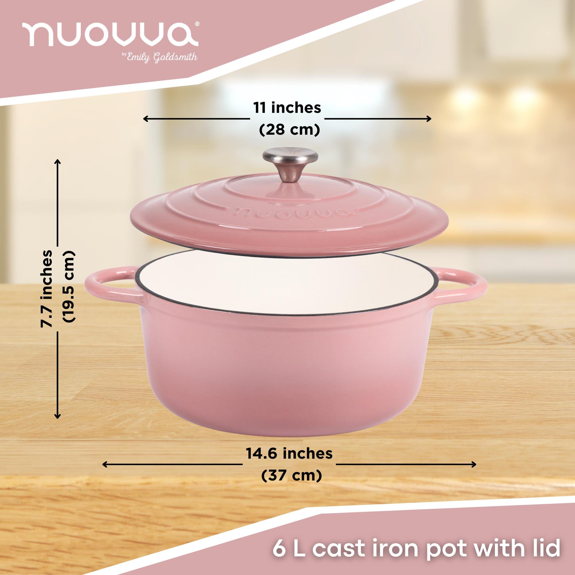 Nuovva 6L pink cast iron pot with lid - 28cm across and 19.5cm in height. 