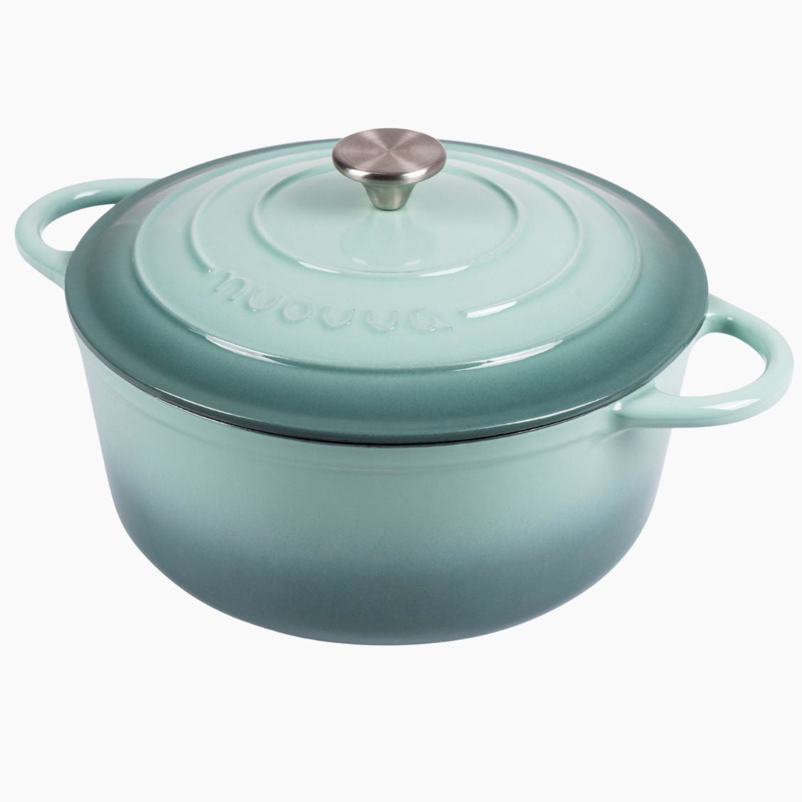 Enemalled cast iron Dutch oven in seal salt  colour with lid and handles. 