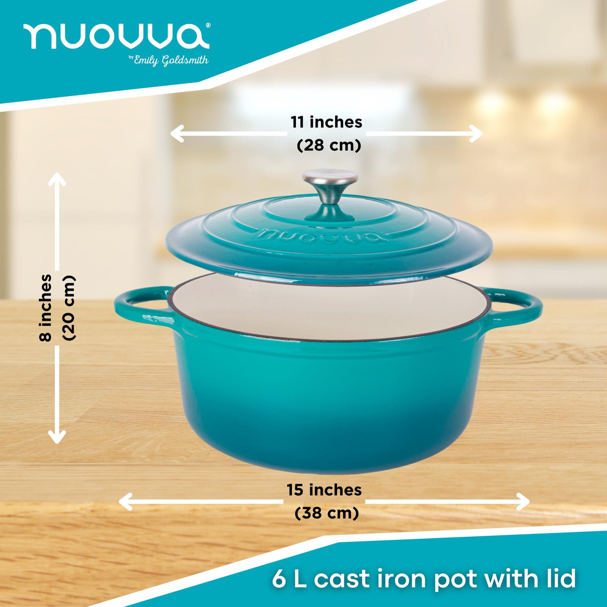 Nuovva teal 6L cast iron pot with lid - 11cm across and 20cm in height