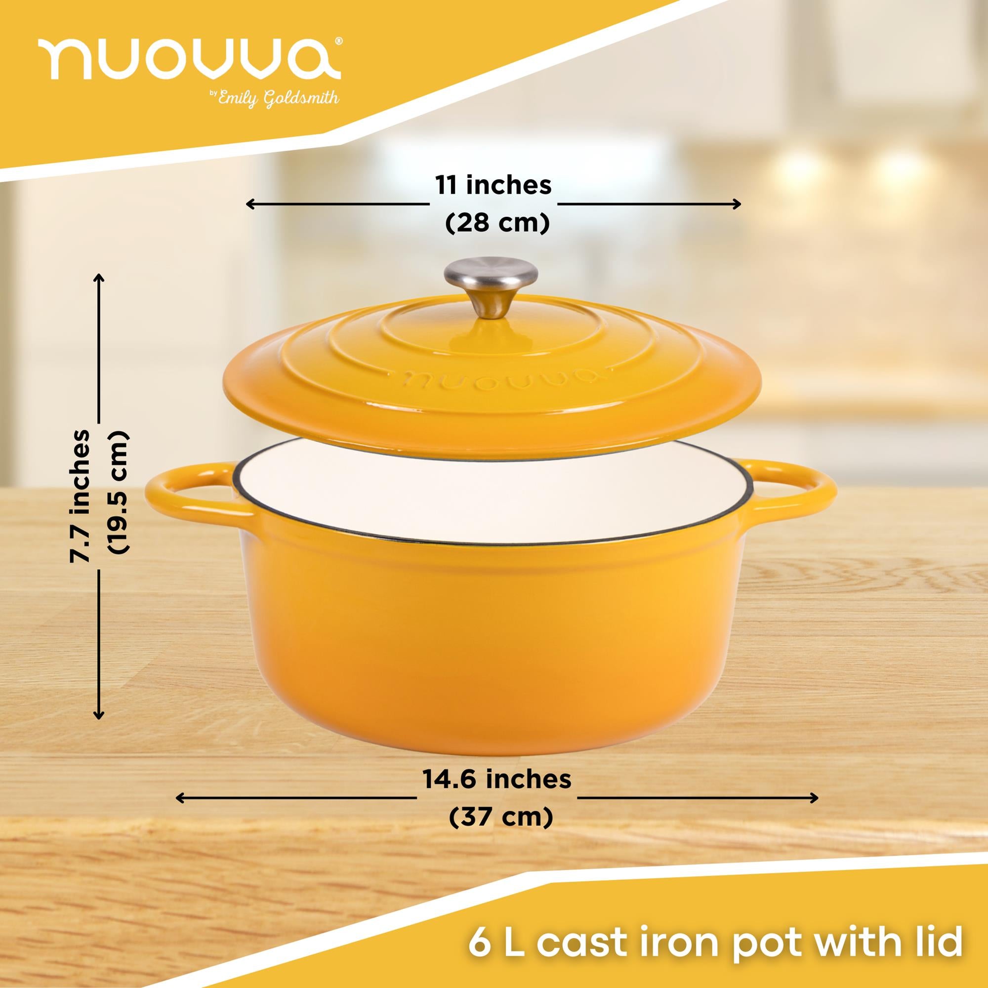 Nuovva 6L cast iron pot with lid, 28cm across and 19.5cm in height. 