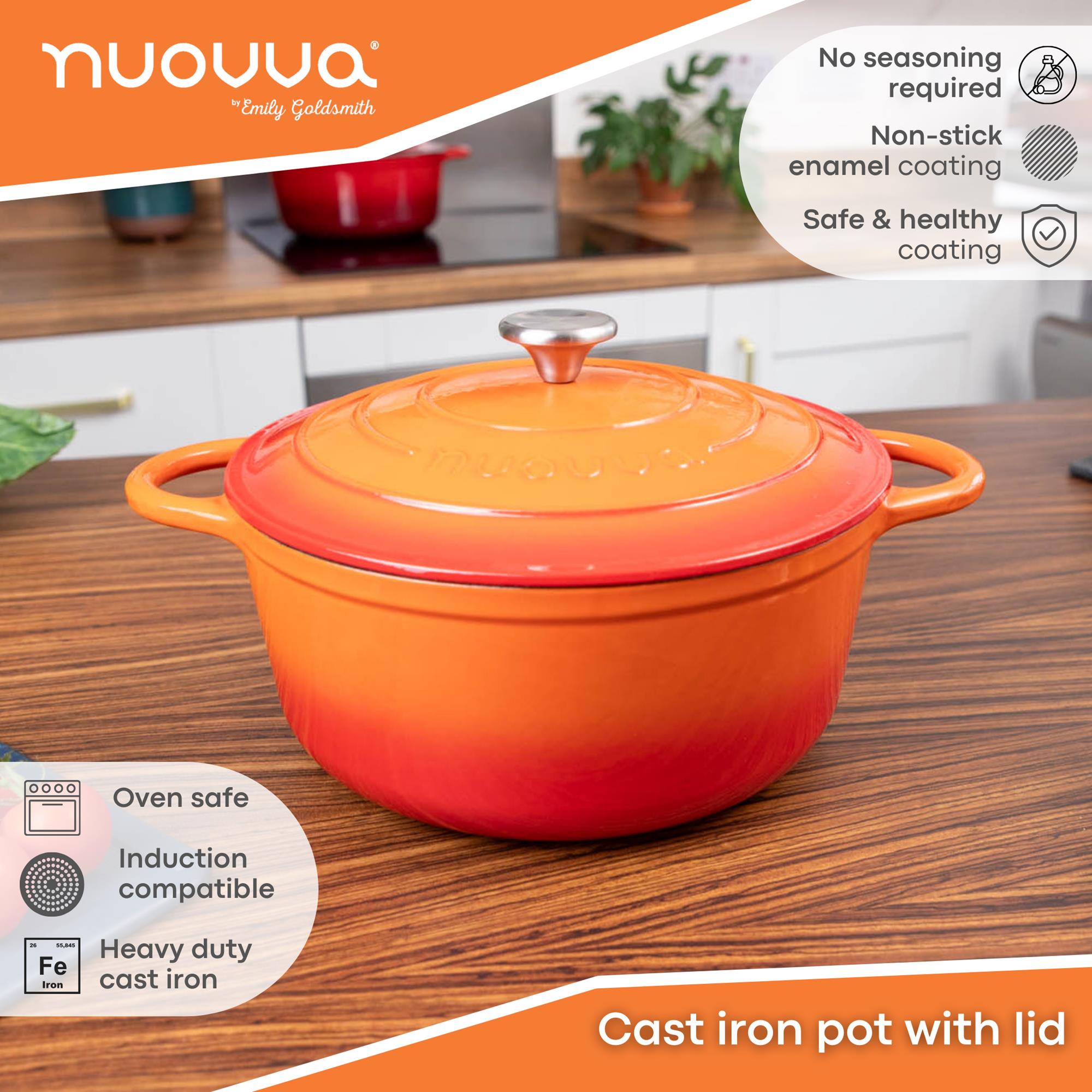 Orange coven safe cooking pot with lid, non-stick enamel coating and induction compatible base