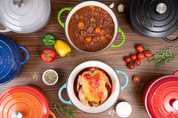 Vibrant colour Dutch ovens ideal for cooking and gifting chefs. 