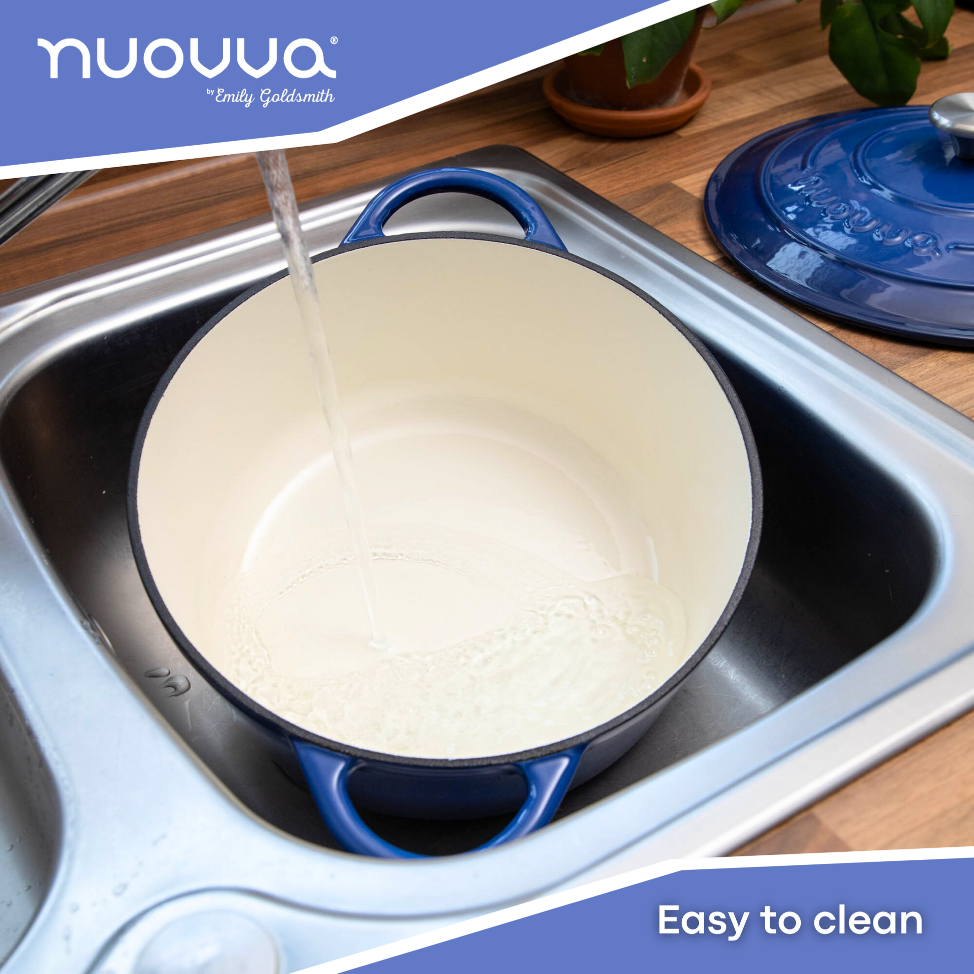 nuovva easy to clean Dutch oven with lid and white interior. 
