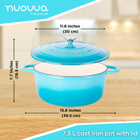 nuovva 7.3L cast iron cooking pot with lid, 15.6cm across and 19.5cm in height. 