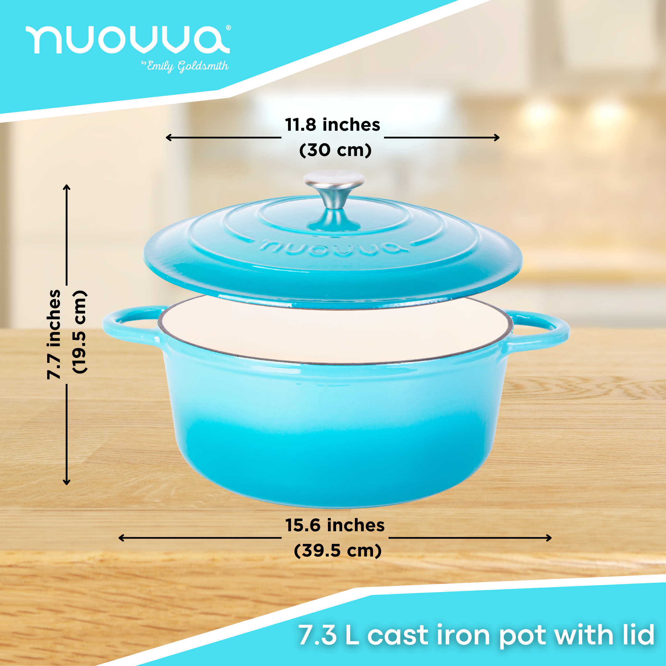 nuovva 7.3L cast iron cooking pot with lid, 15.6cm across and 19.5cm in height. 