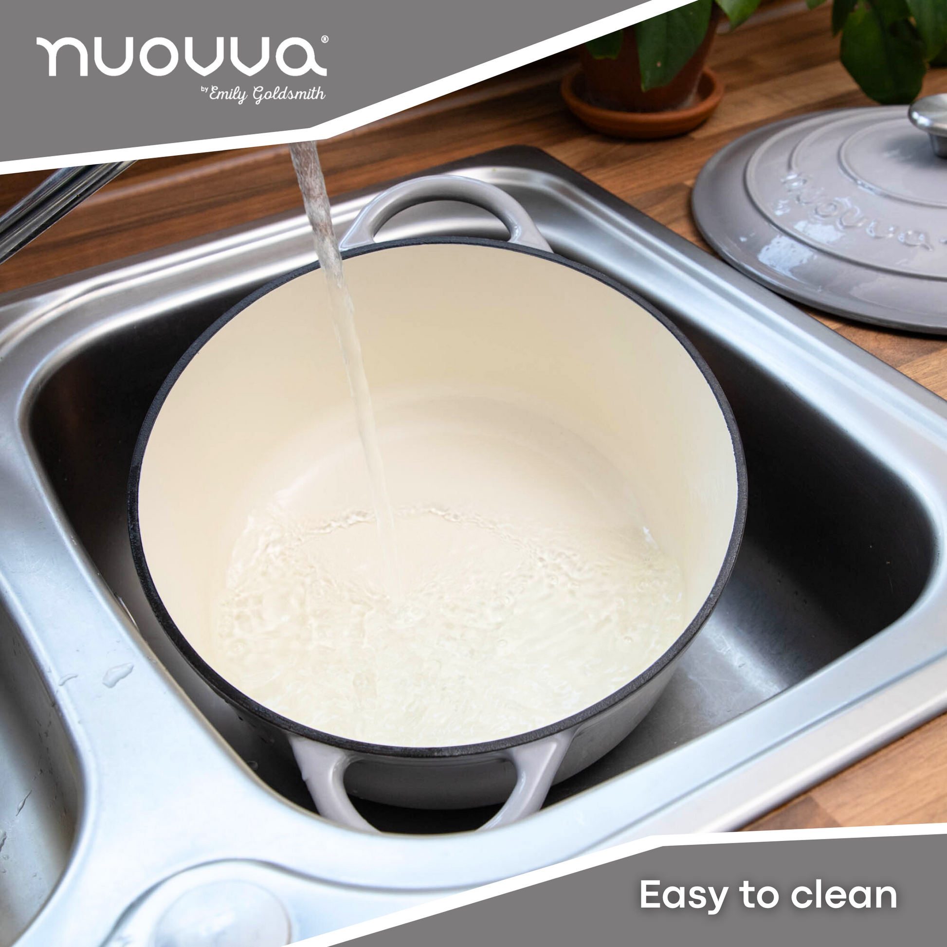 nuovva easy to clean grey cast iron casserole pot with lid