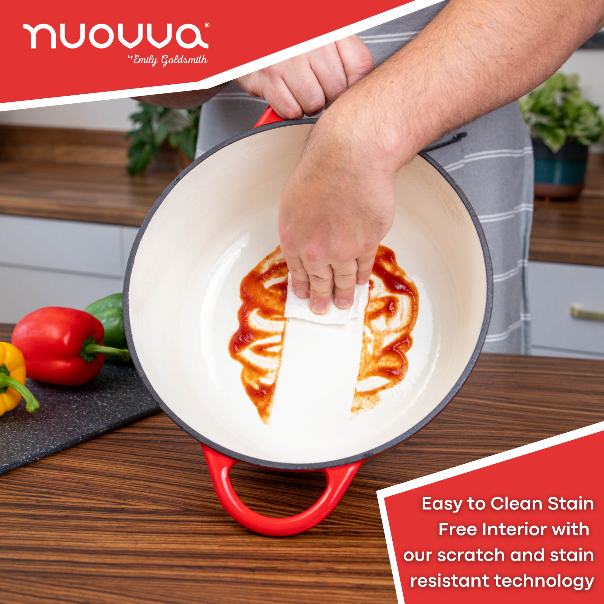 nuovva cast iron dutch oven with easy to clean interior - scratch and stain resistant technology 