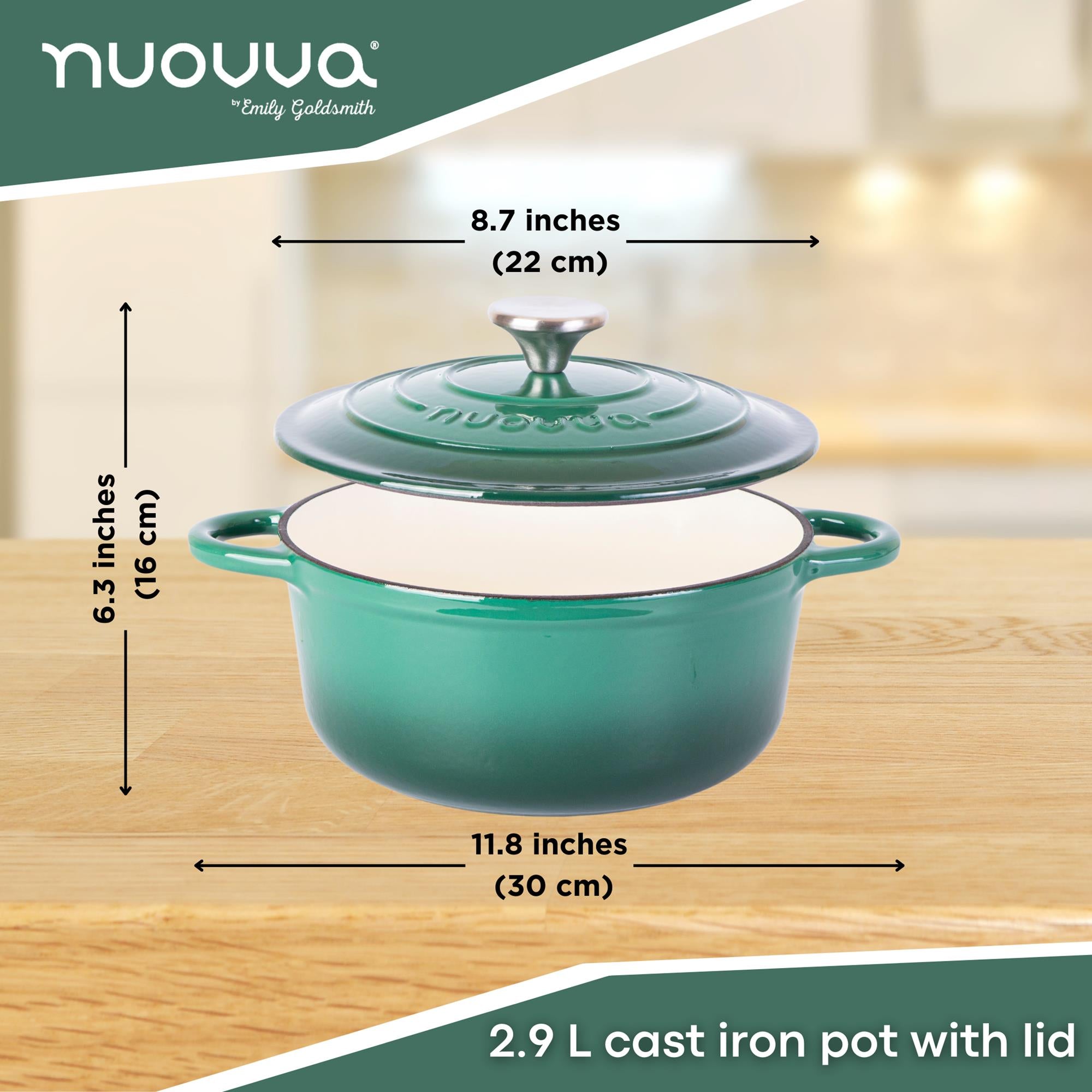 nuovva dark green 2.9L cast iron casserole pot with -22cm across and 16cm in height. 