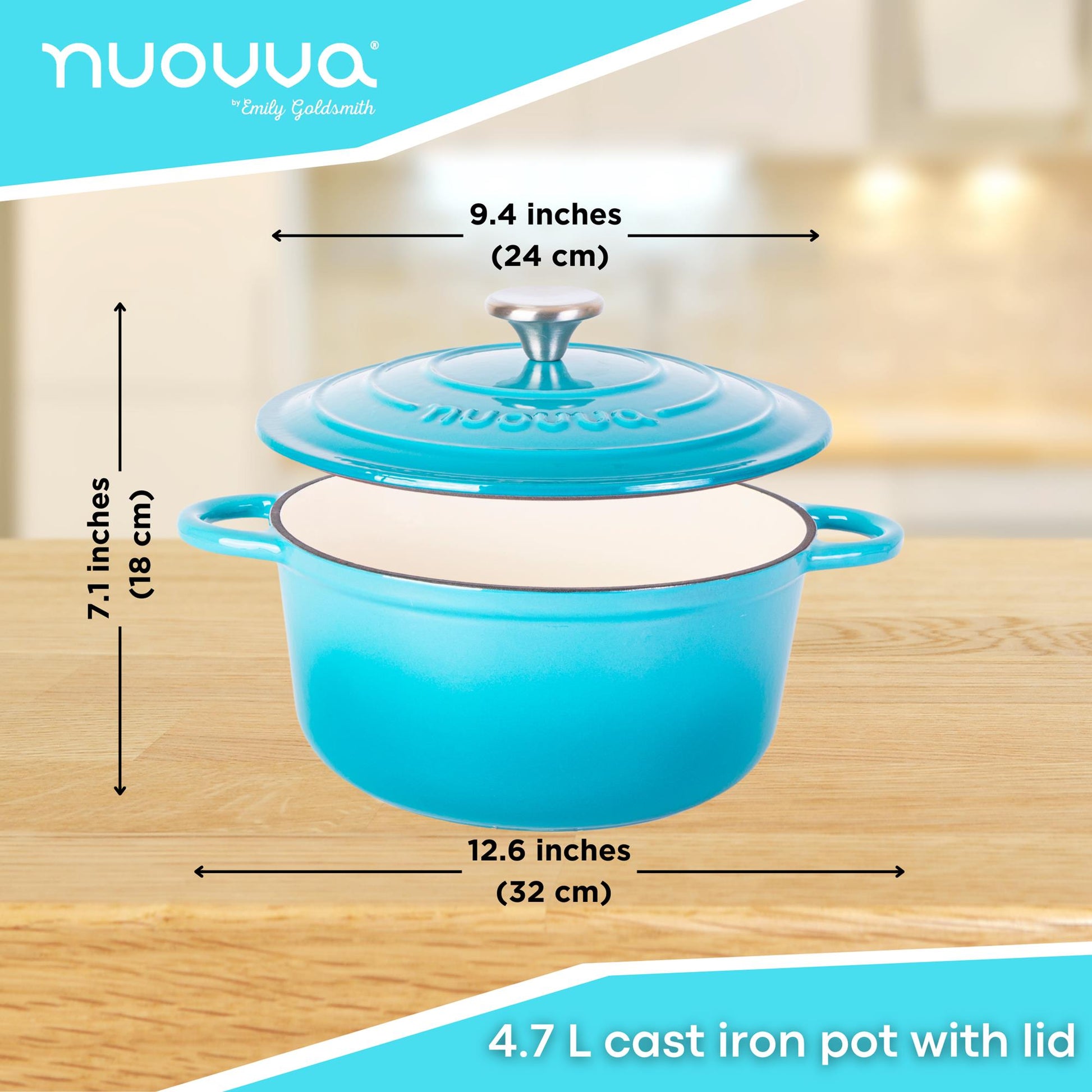 Nuovva light blue cast iron pot with lid - 4.7L in volume and 24cm across
