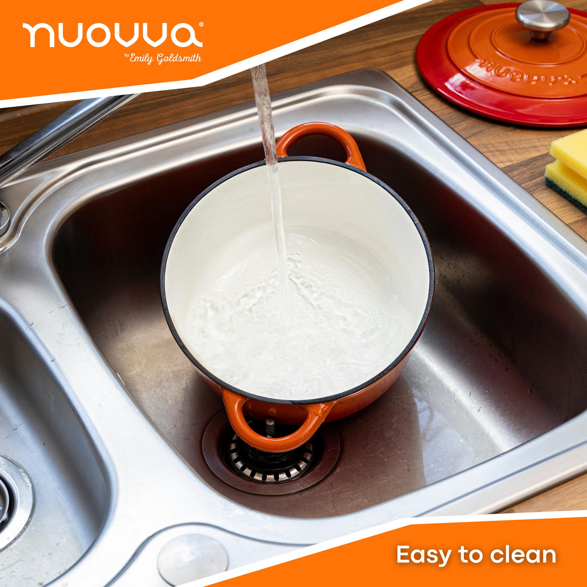 nuovva orange easy to clean cast iron casserole pot with lid