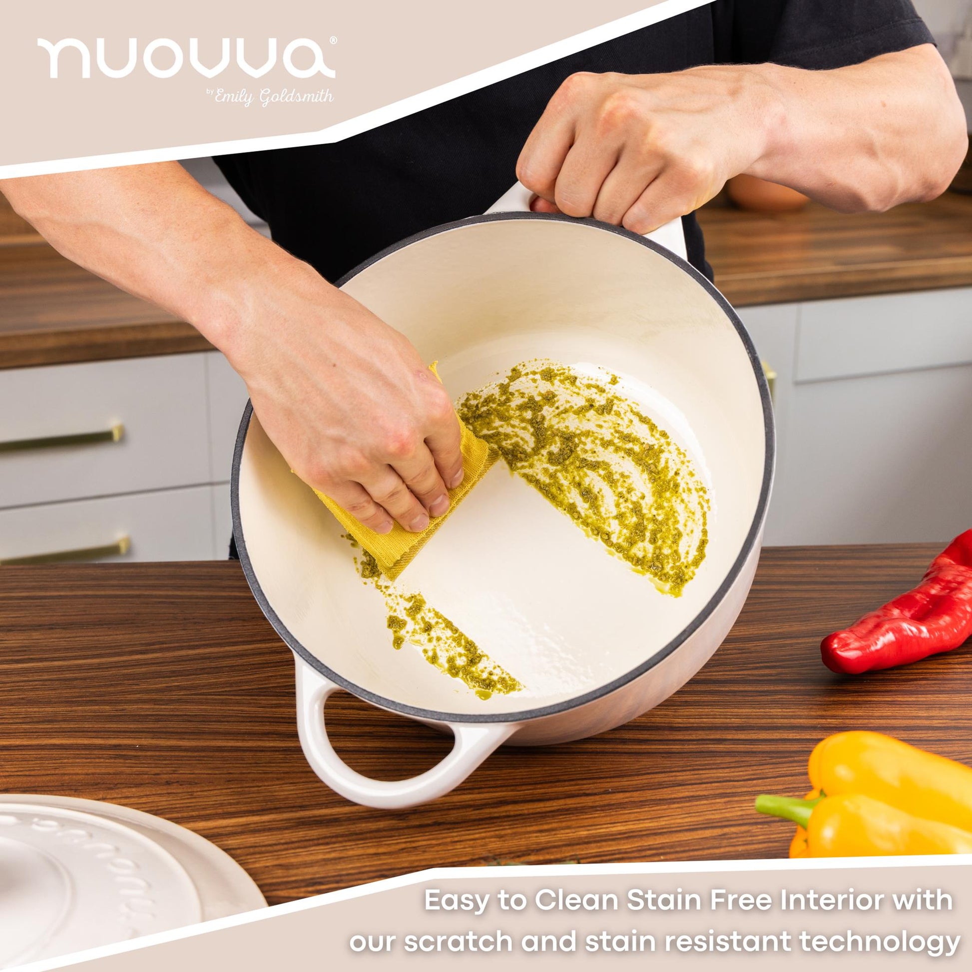 Nuovva easy to clean cast iron Dutch oven with scratch and stain resistant technology. 