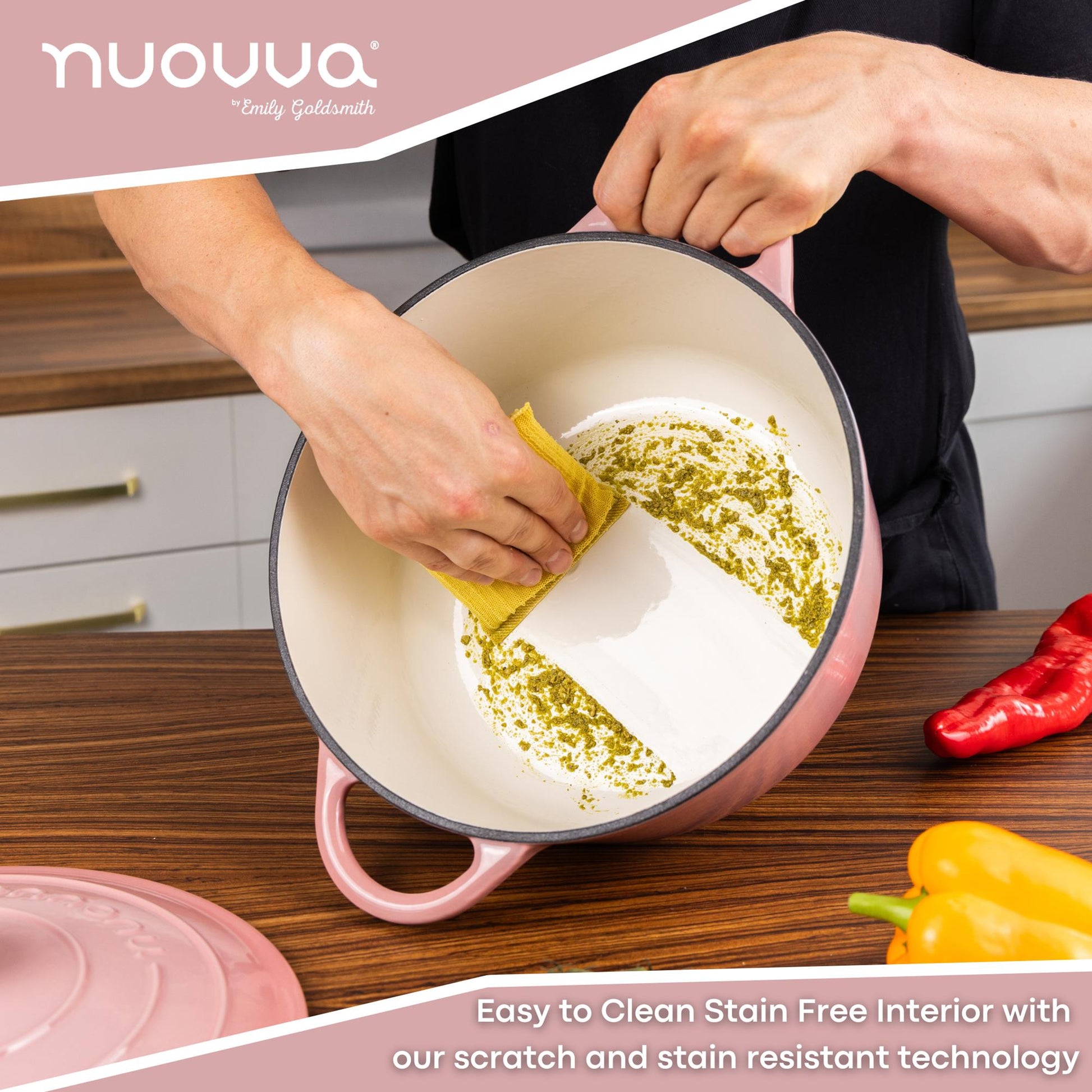 Nuovva cast iron Dutch oven in pastel pink with east to clean scratch and stain resistant technology