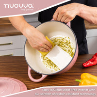 Nuovva cast iron Dutch oven in pastel pink with east to clean scratch and stain resistant technology