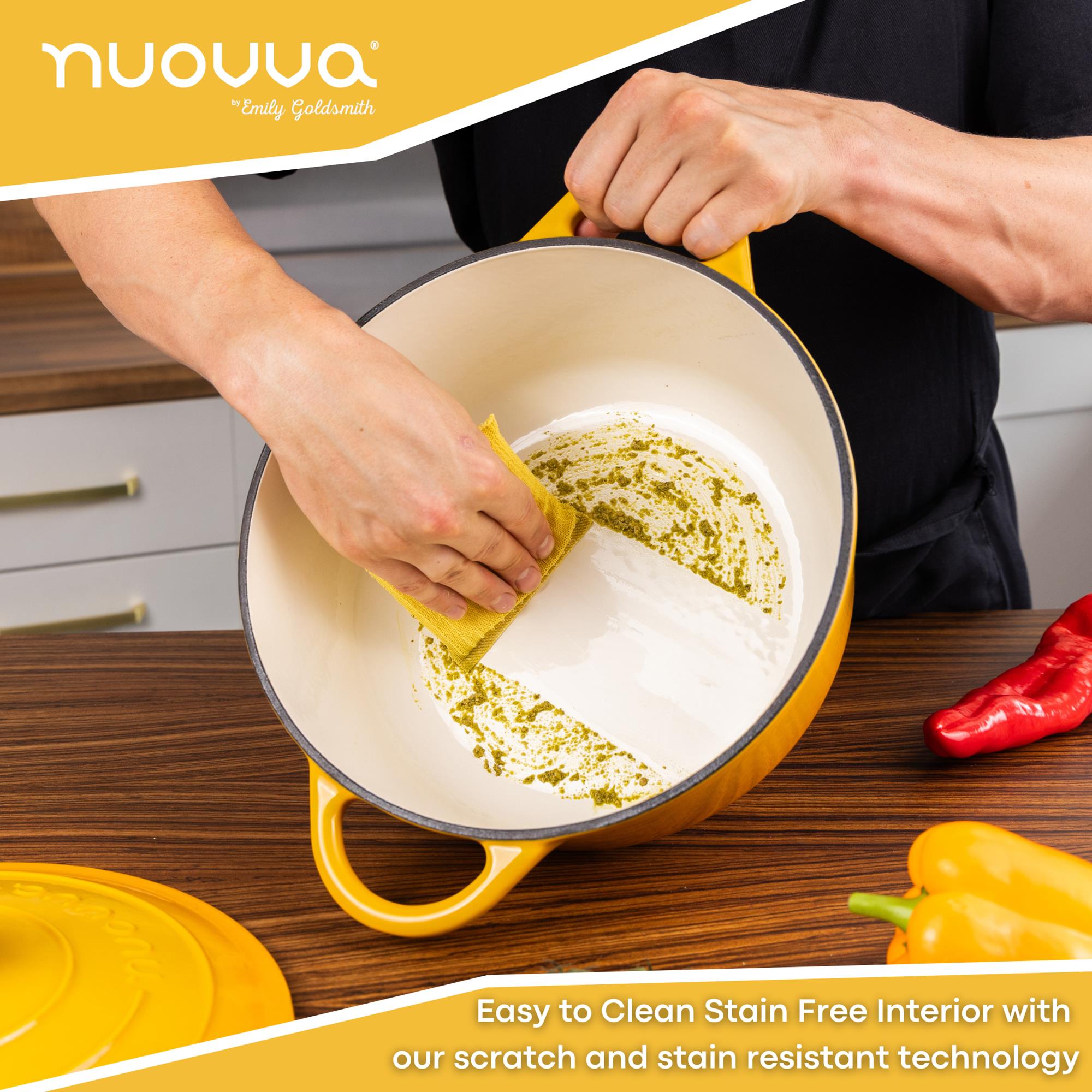 Nuovva yellow cast iron Dutch oven with easy to clean, scratch and stain resistant technology. 