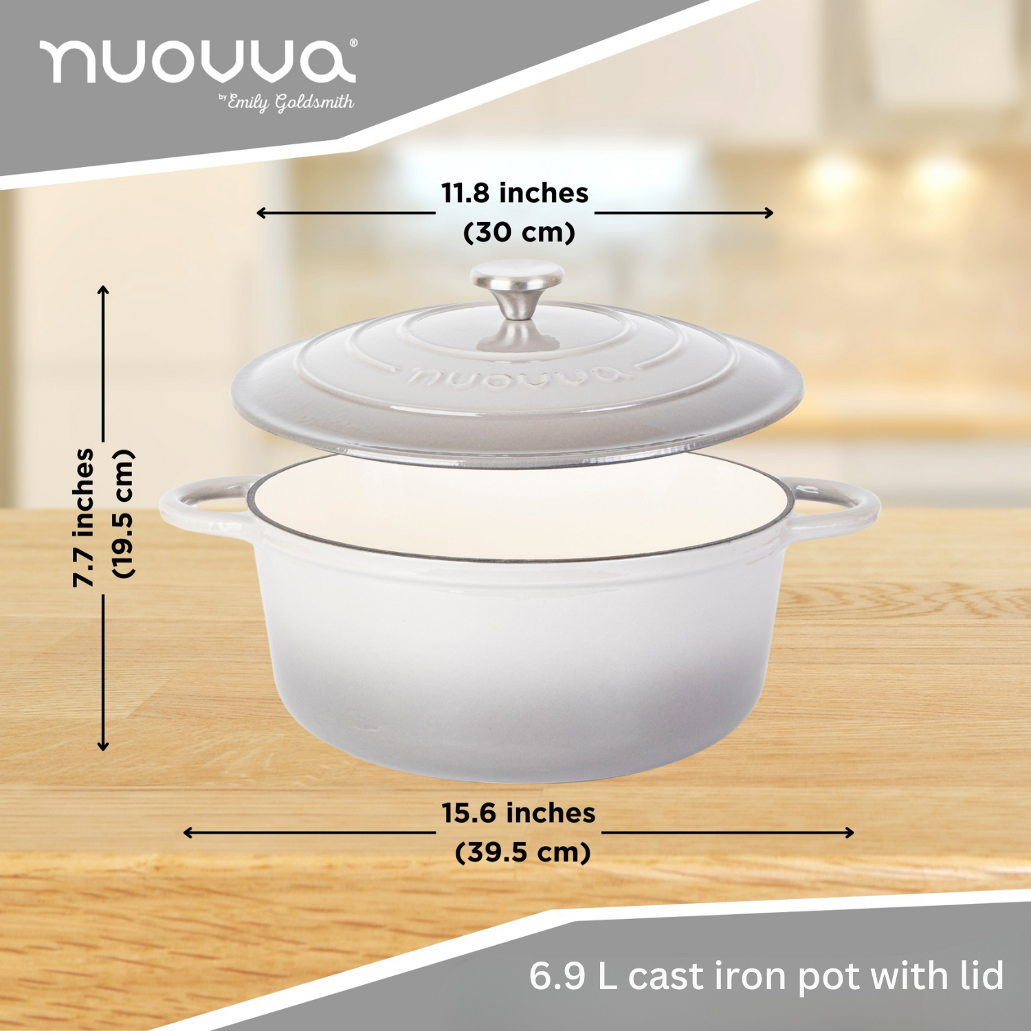 nuovva 6.9L cast iron cooking pot with lid, 30cm across and 19.5cm in height. 