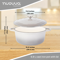 nuovva 6.9L cast iron cooking pot with lid, 30cm across and 19.5cm in height. 