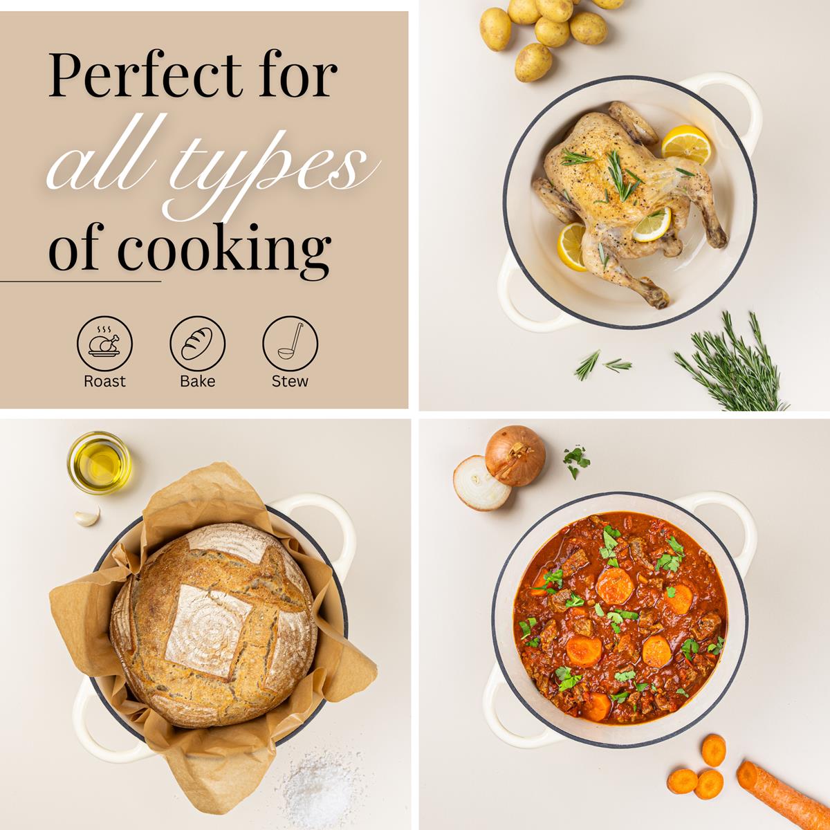 Nuovva cream cast iron Dutch oven is perfect for all types of cooking including roasting, baking and stewing