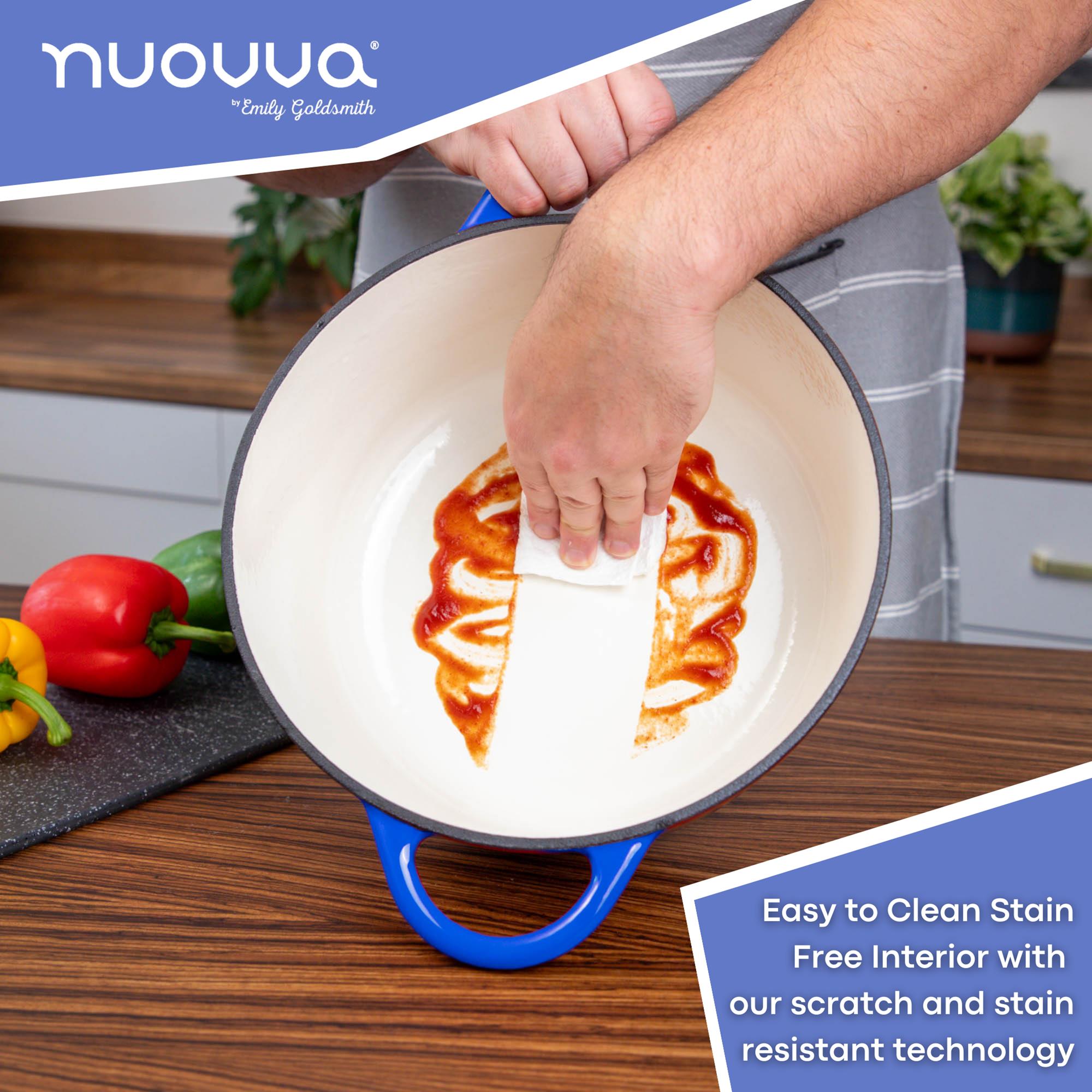 Nuovva dark blue cast iron Dutch oven with easy to clean interior and scratch & stain resistant technology