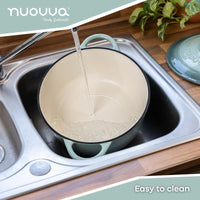 nuovva easy to clean Dutch oven in sea salt shade with lid. 