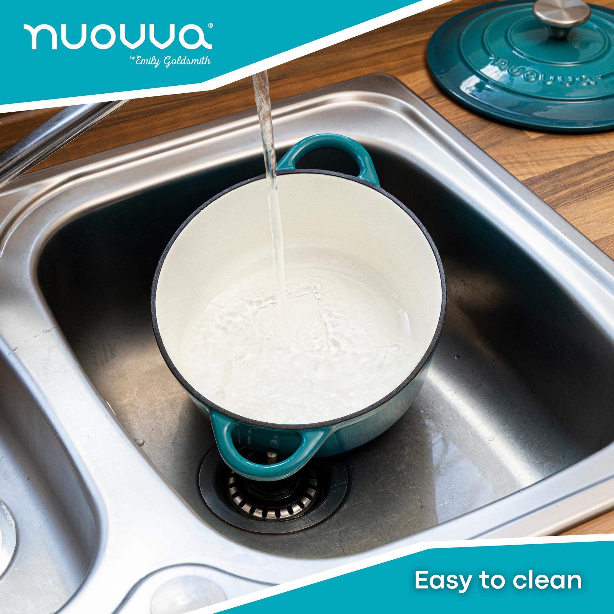 Nuovva teal Dutch oven is easy to clean with white interior