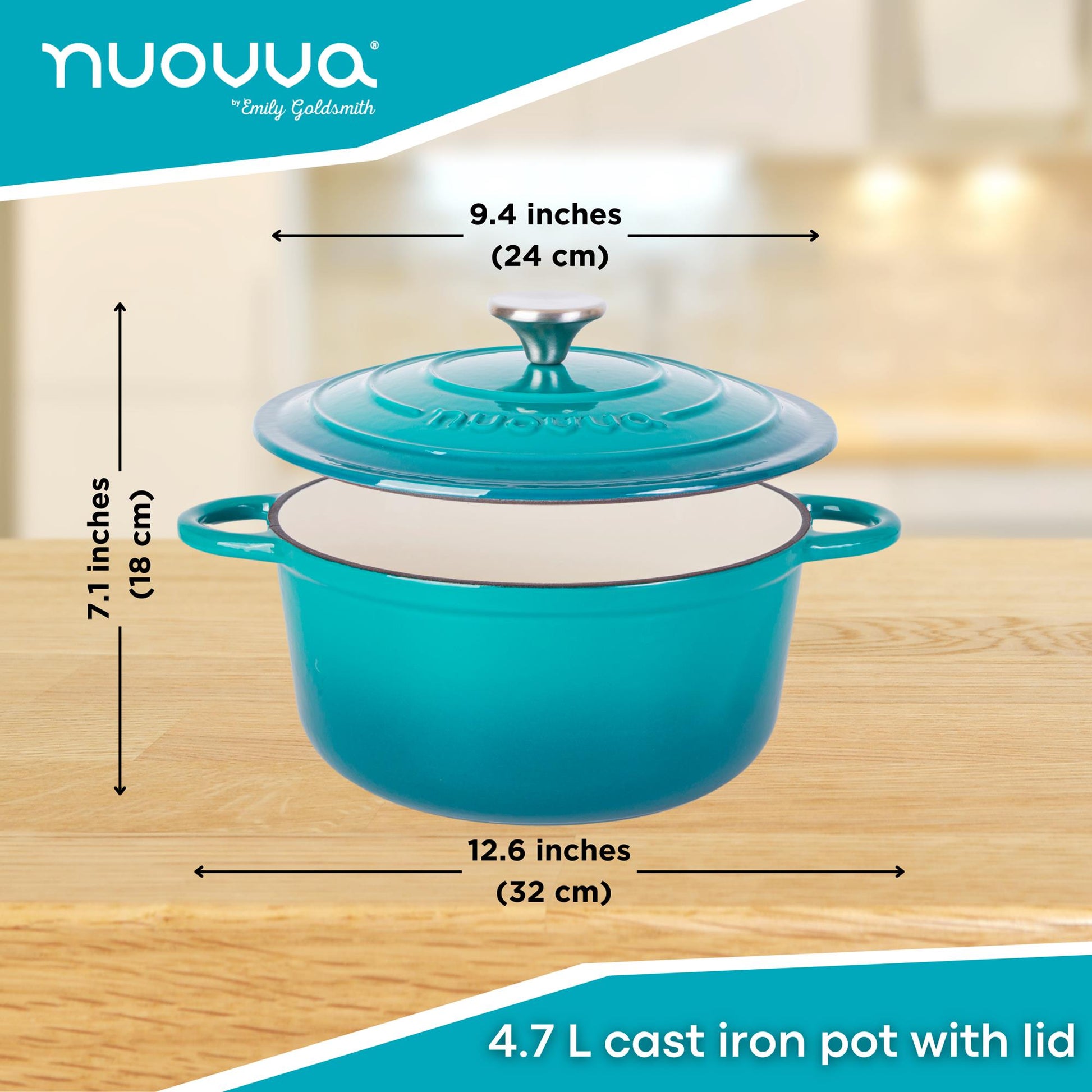 Teal 4.7L cast iron pot with lid, 24cm across and 18cm in height 