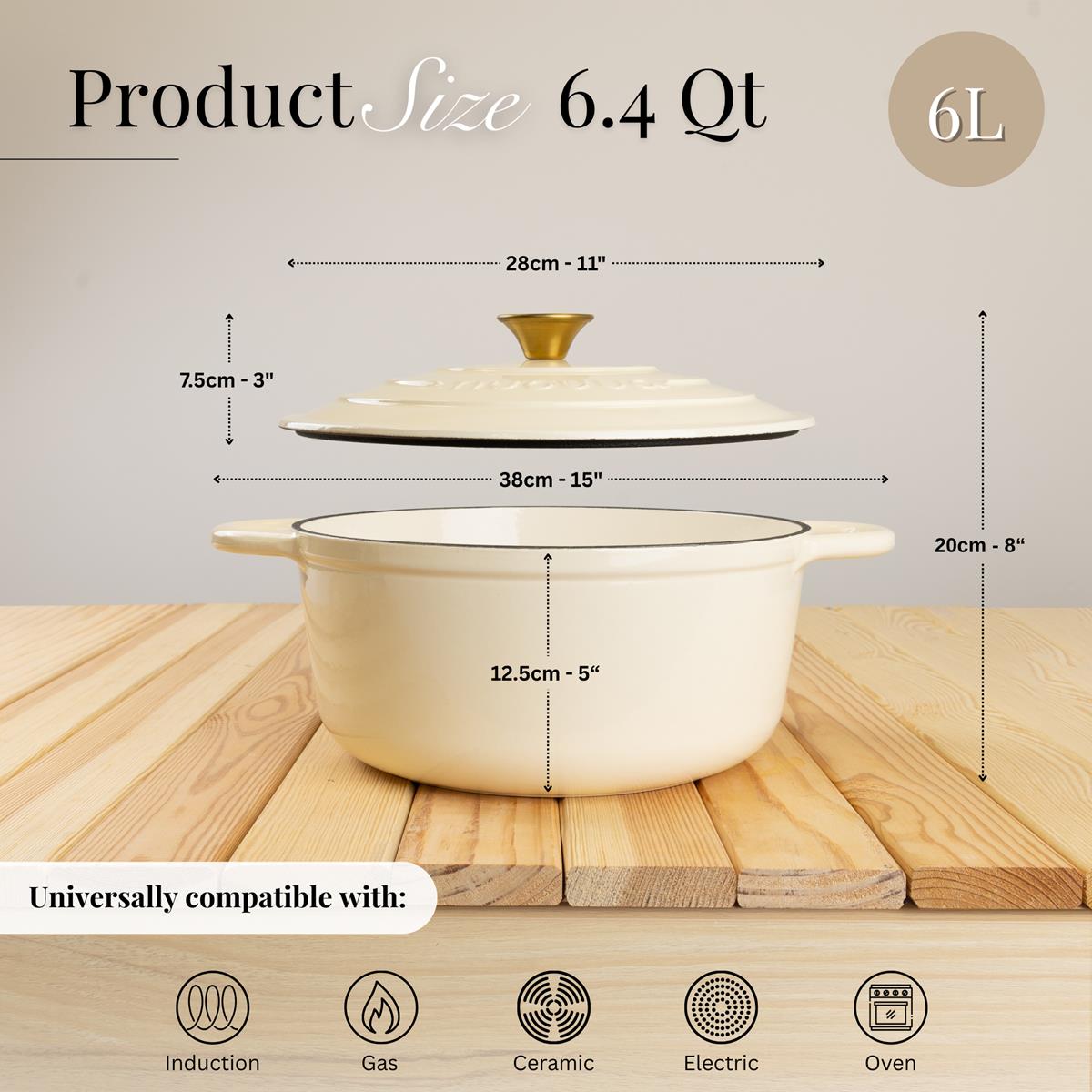 Nuovva cream bread pot Dutch oven is 28cm across and 20cm in height (6l) universally compatible on all stovetops and ovens