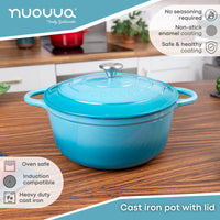 Nuovva light blue cast iron pot with lid featuring non-stick enamel coating making it induction compatible and oven safe