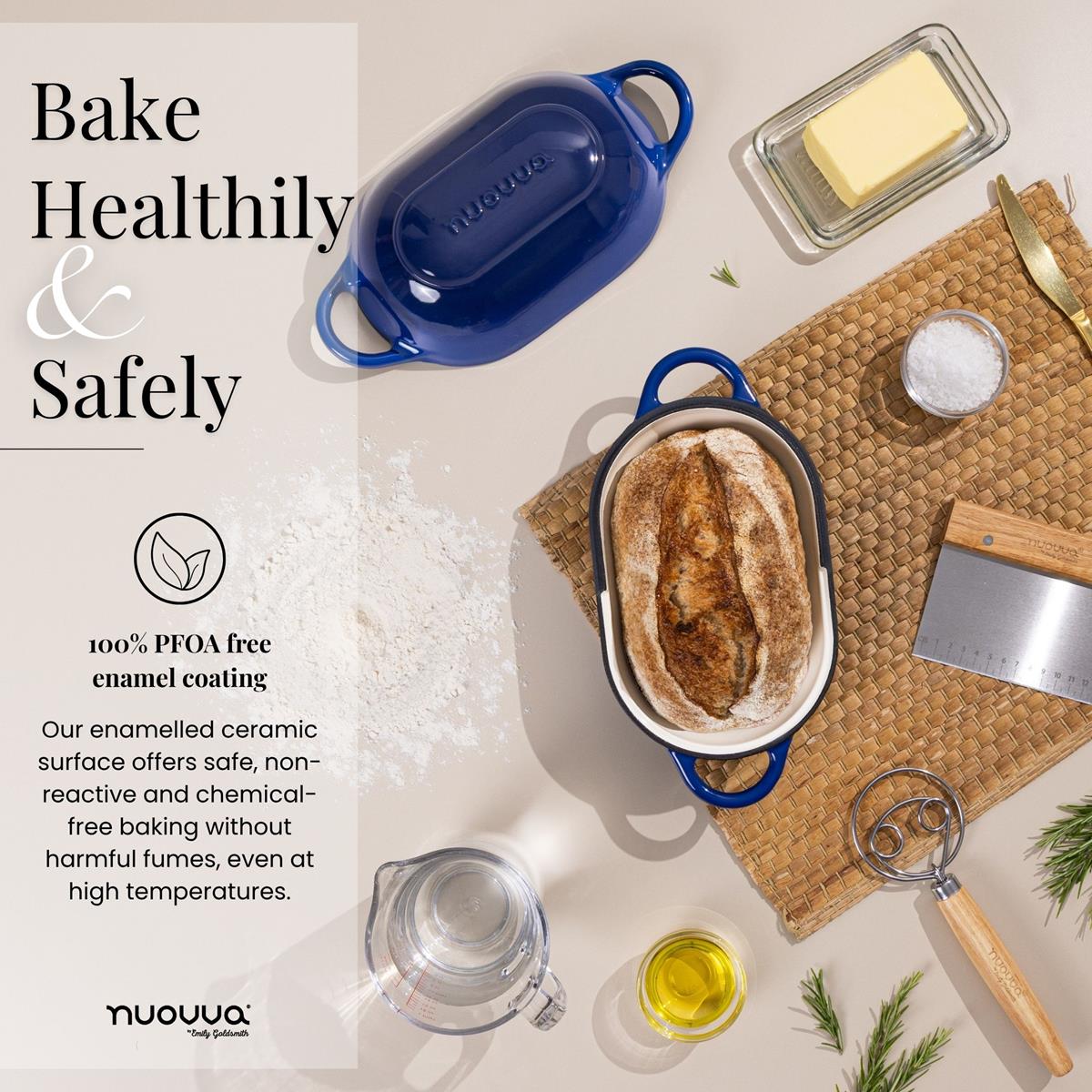 Bake healthy with cast iron loaf pan with enemalled ceramic surface - PFOA free. 