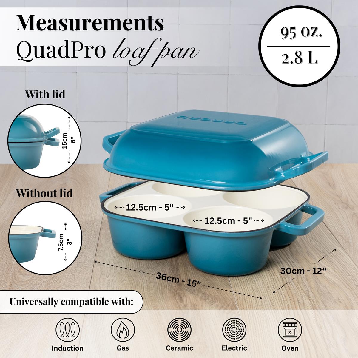 Measurement graphics for the Quadpro cast iron loaf pan - induction cookware for all stovetops